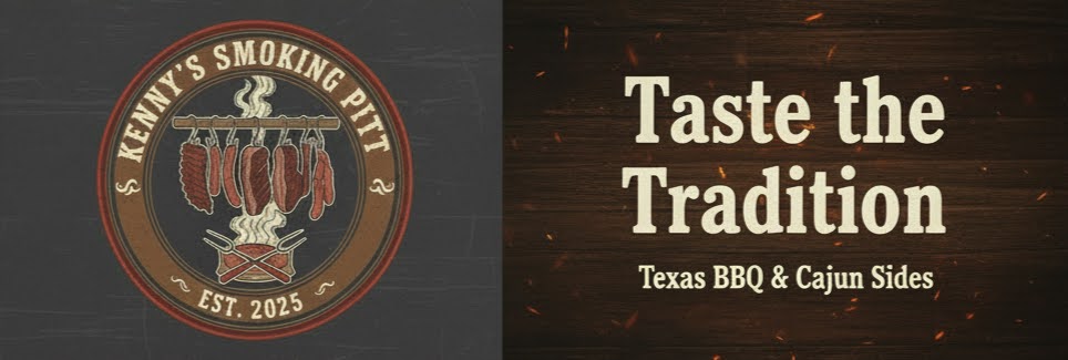 a header image with our logo on the left and the text 'taste the tradition, Texas BBQ and Canjun Sides' on the right